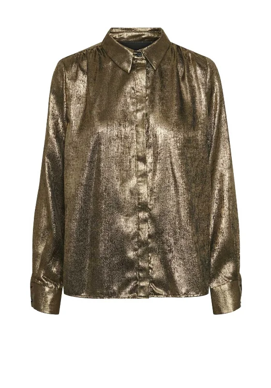 Leather-Paneled ShirtsPieces Nisana Metallic Long Sleeve Shirt, Gold