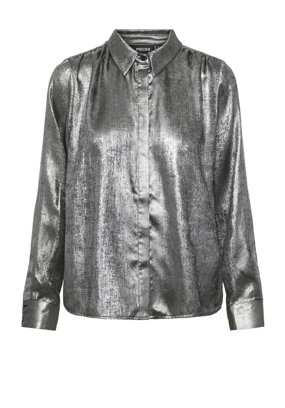 Sheer ShirtsPieces Nisana Metallic Long Sleeve Shirt, Silver