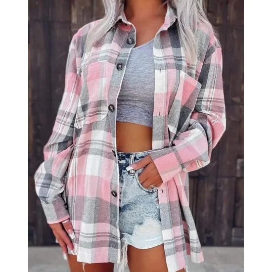 Sheer ShirtsPink Plaid Button Down Shirt