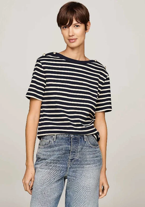 Studded ShirtsTommy Hilfiger Button Detail Striped T Shirt, Navy