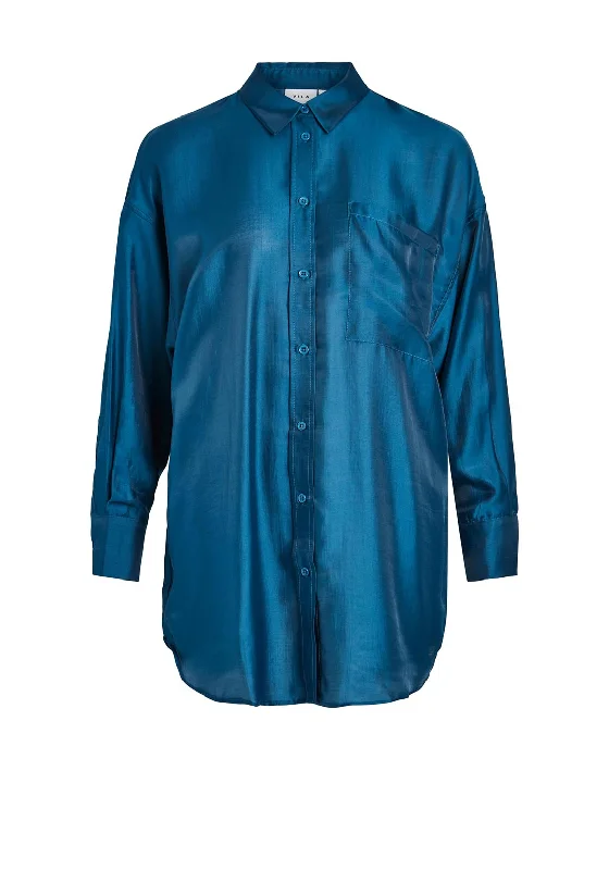 Rayon ShirtsVila Lamina Woven Sheen Long Shirt, Moroccan Blue