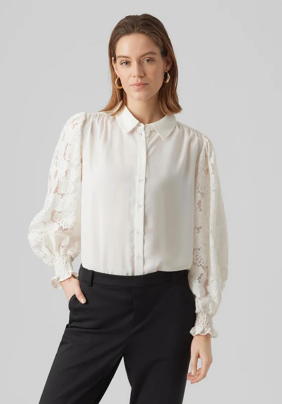 Satin ShirtsVero Moda Cabena Lace Sleeve Shirt, White