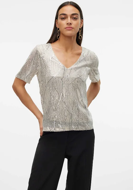 Hemp ShirtsVero Moda Ellen Sequin T Shirt, Champagne