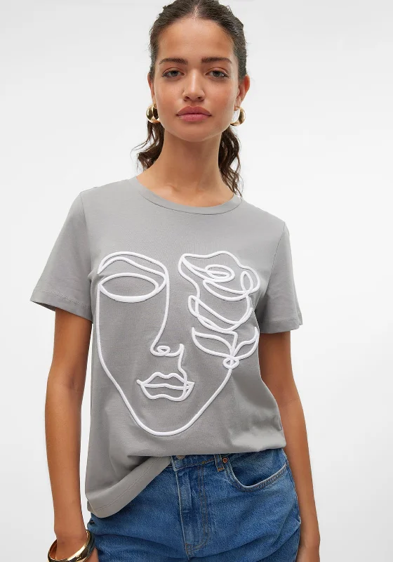 Embellished ShirtsVero Moda Line Rose Face T Shirt, Grey