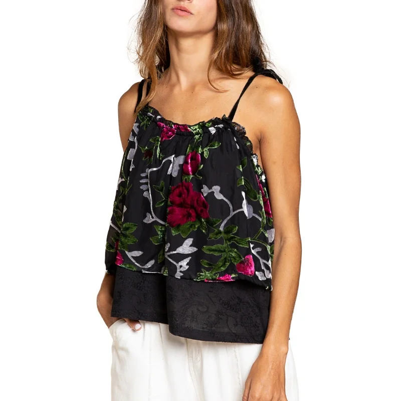 CamisoleRoninPOL Women's Floral Burnout Velvet Embroidered Double Layered Ruffle Trim Cami Top