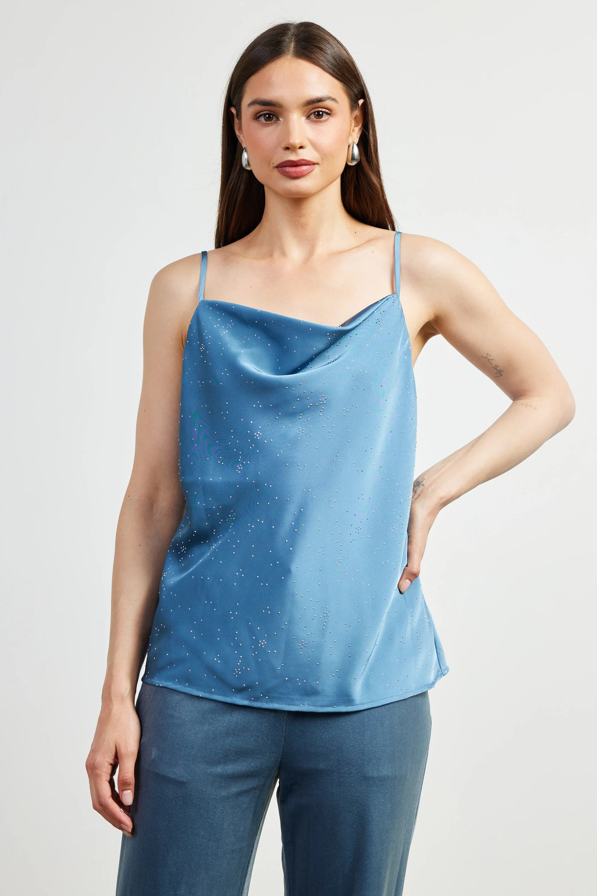 CamisoleEchoShimmery Satin Cowl Neck Cami