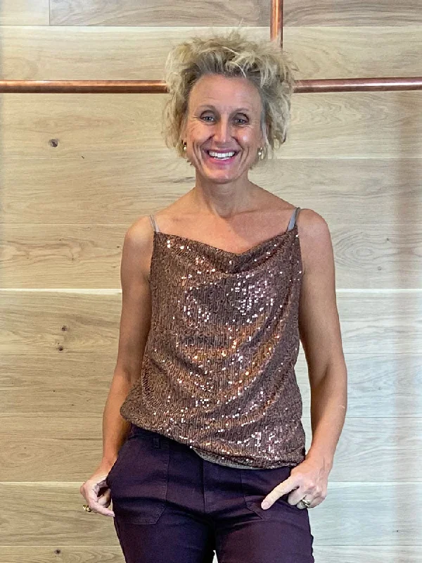 CamisoleProACL Sequin Cami Top with Cowl Neck Copper