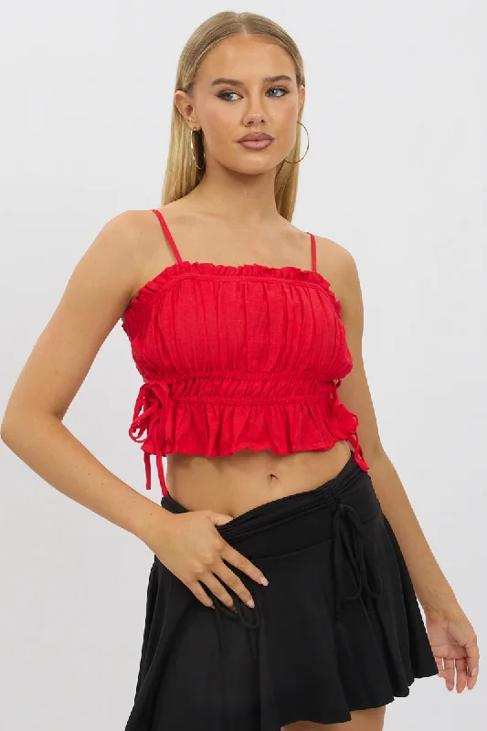 CamisoleValleyRed Cami Top Ruched Side Bow Linen Blend