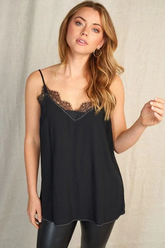 CamisoleOasis"Kaia" Lace Accent Adjustable Strap Cami (Black)