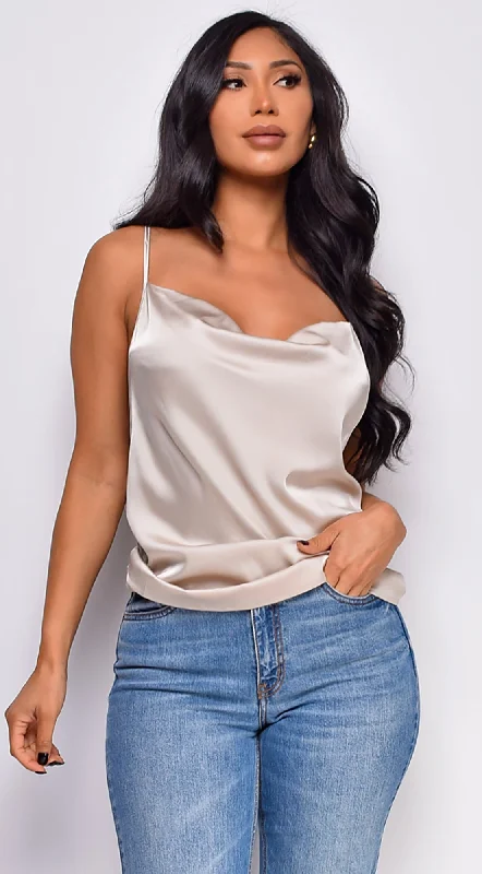 CamisoleDragonMireille Satin Charmeuse Cowl Neck Cami Top - Beige